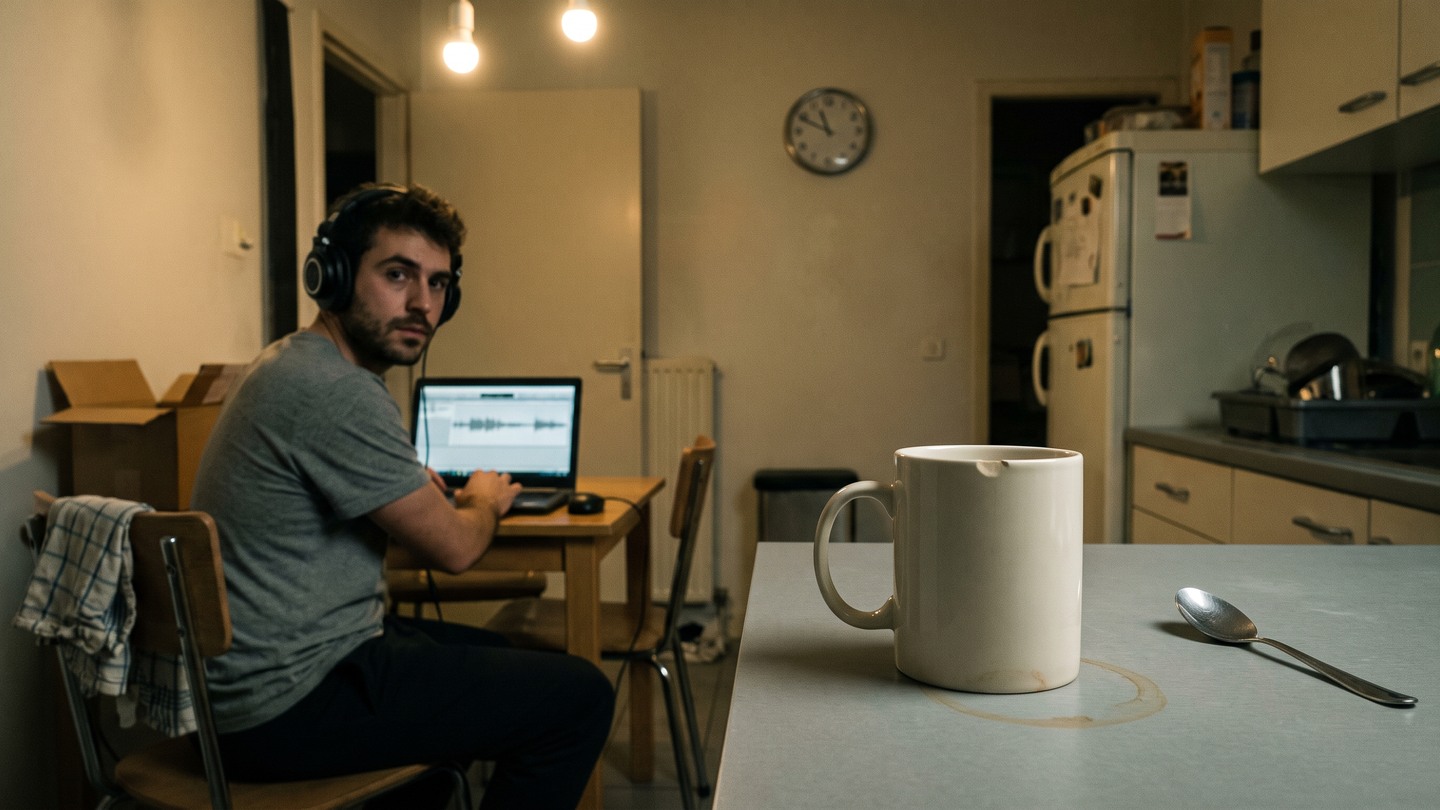 A man in headphones turns from his laptop. A chipped mug and a spoon sit on the kitchen counter.